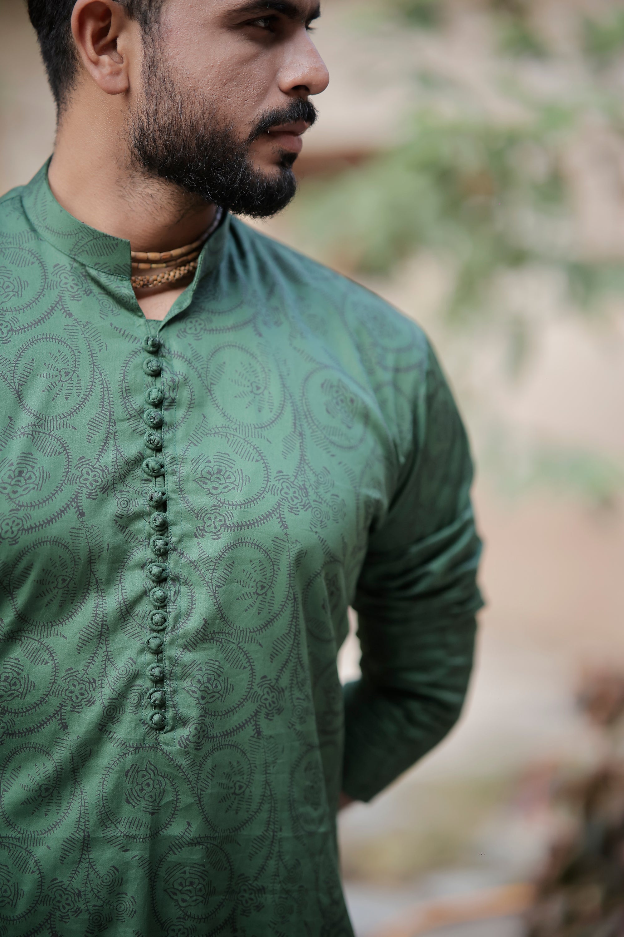 Olive Green Kurta With Handmade Button