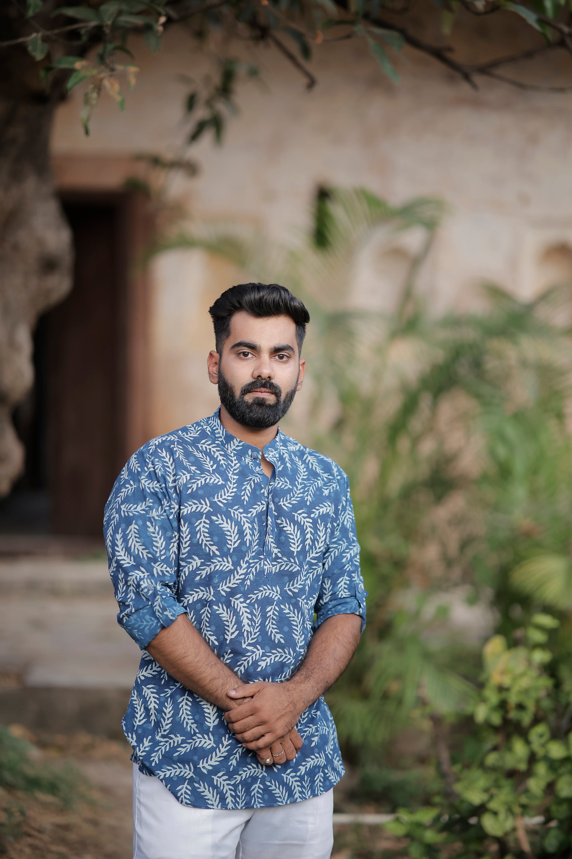 Indigo Cotton Dabu Printed Short Kurta