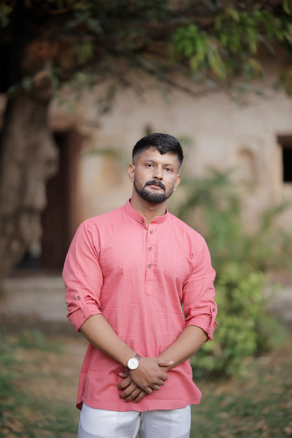 Pink Cotton Woven Short Kurta