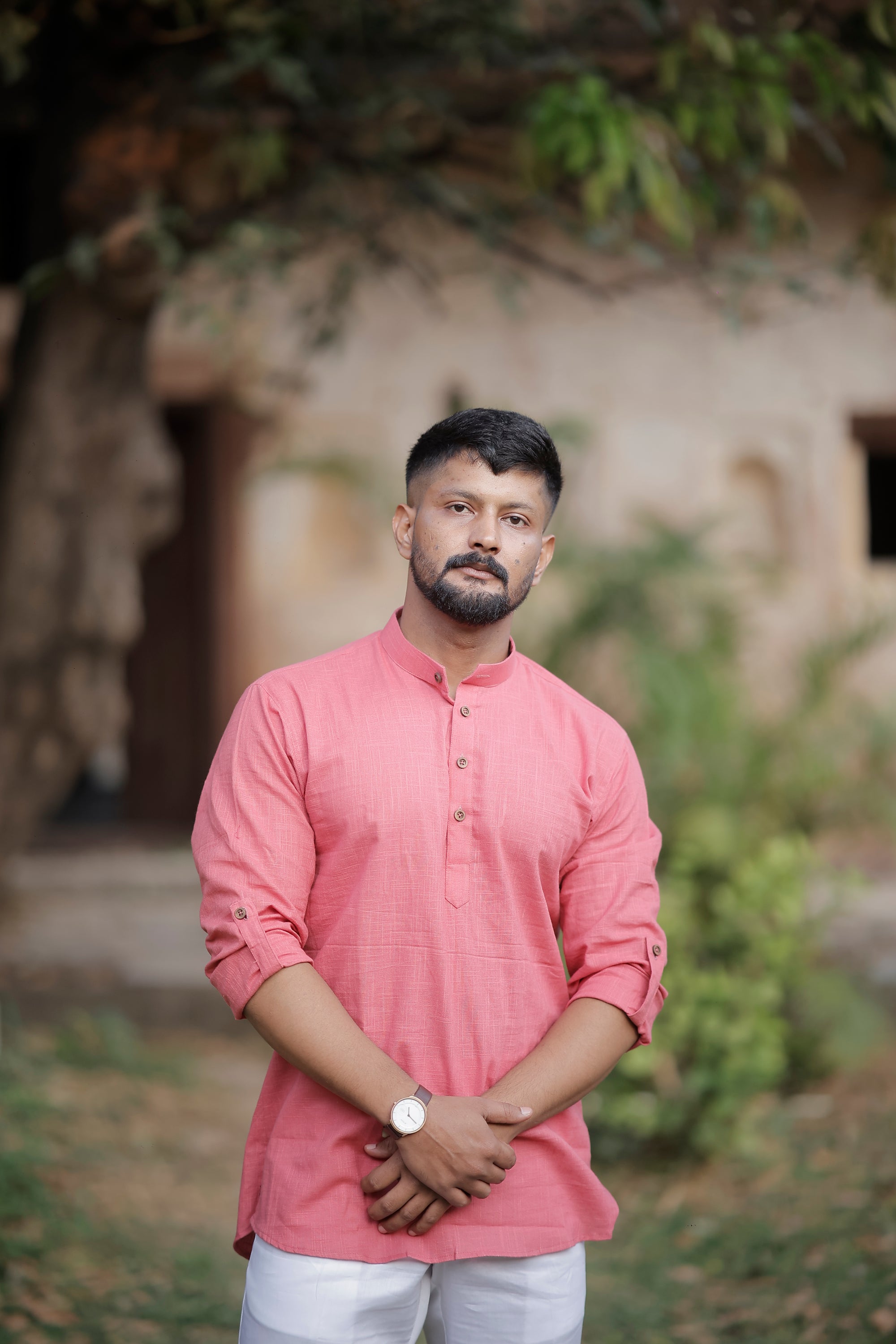 Pink Cotton Woven Short Kurta
