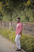 Pink Cotton Woven Short Kurta