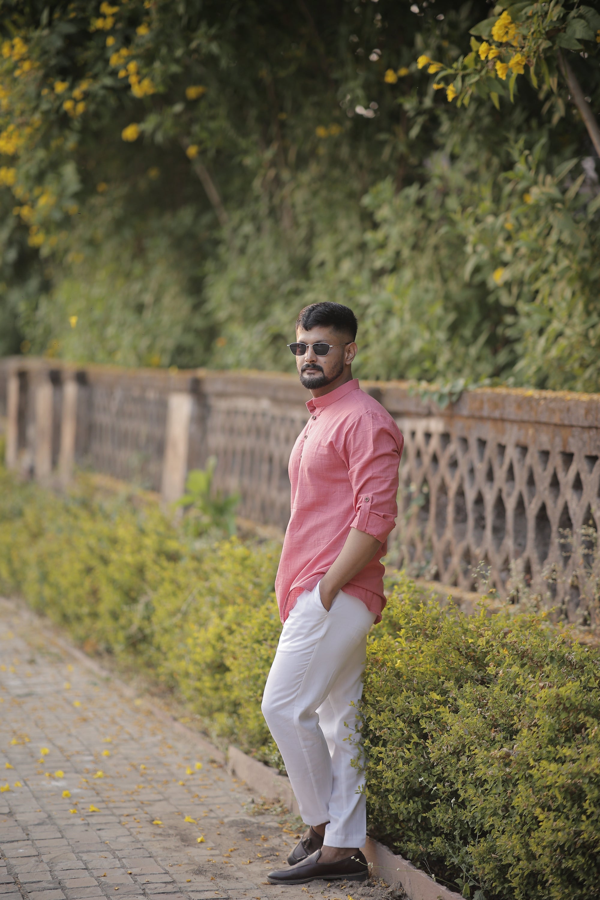 Pink Cotton Woven Short Kurta