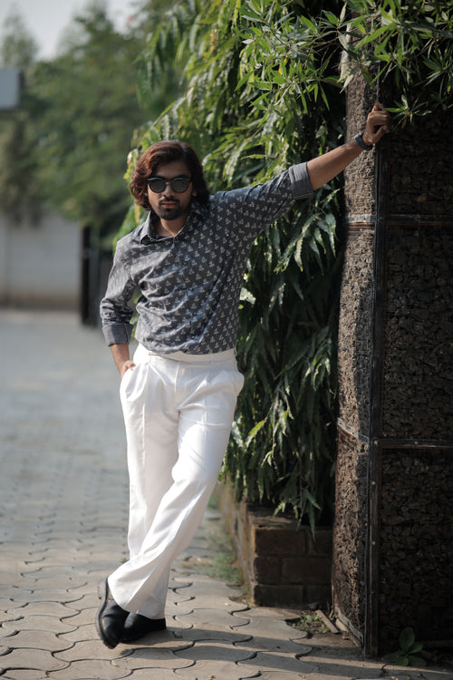 Gray & White Hand Block Cotton Printed Shirt
