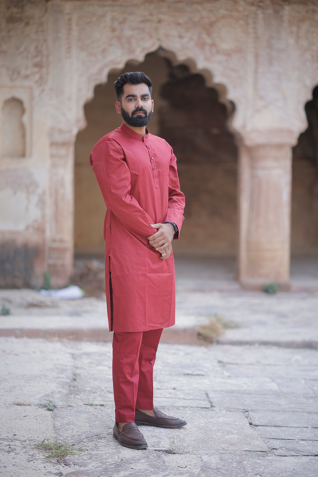 Maroon Self Printed Kurta & Trouser Set