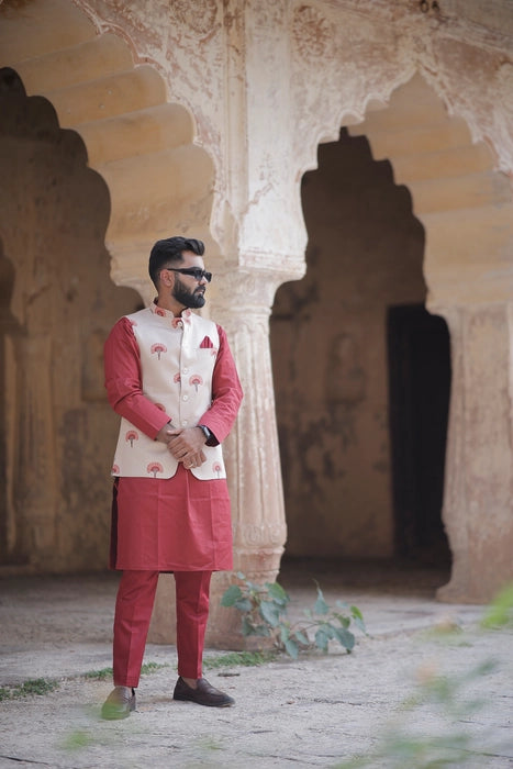 Maroon & Beidge 3 Piece Kurta Jacket Set