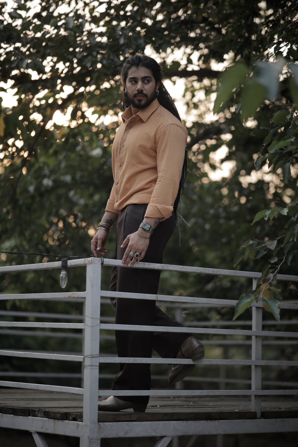 Splicing Hand Printed Beige Color Shirt