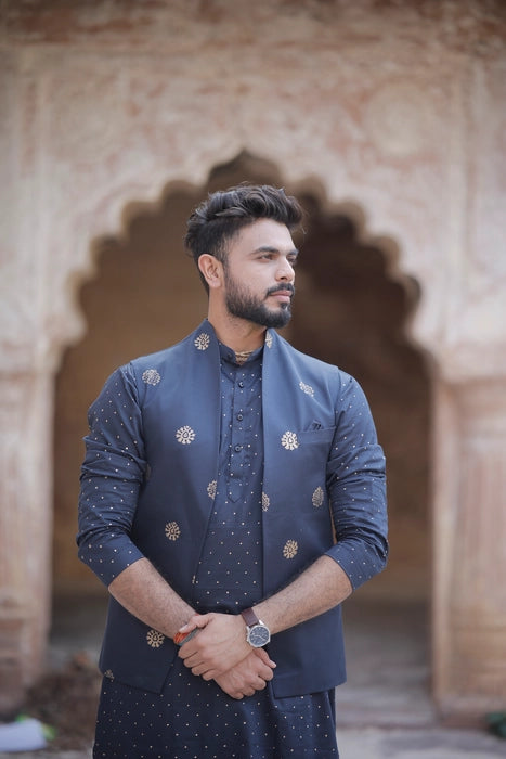 Mid Night Blue 3 Piece Kurta Jacket Set