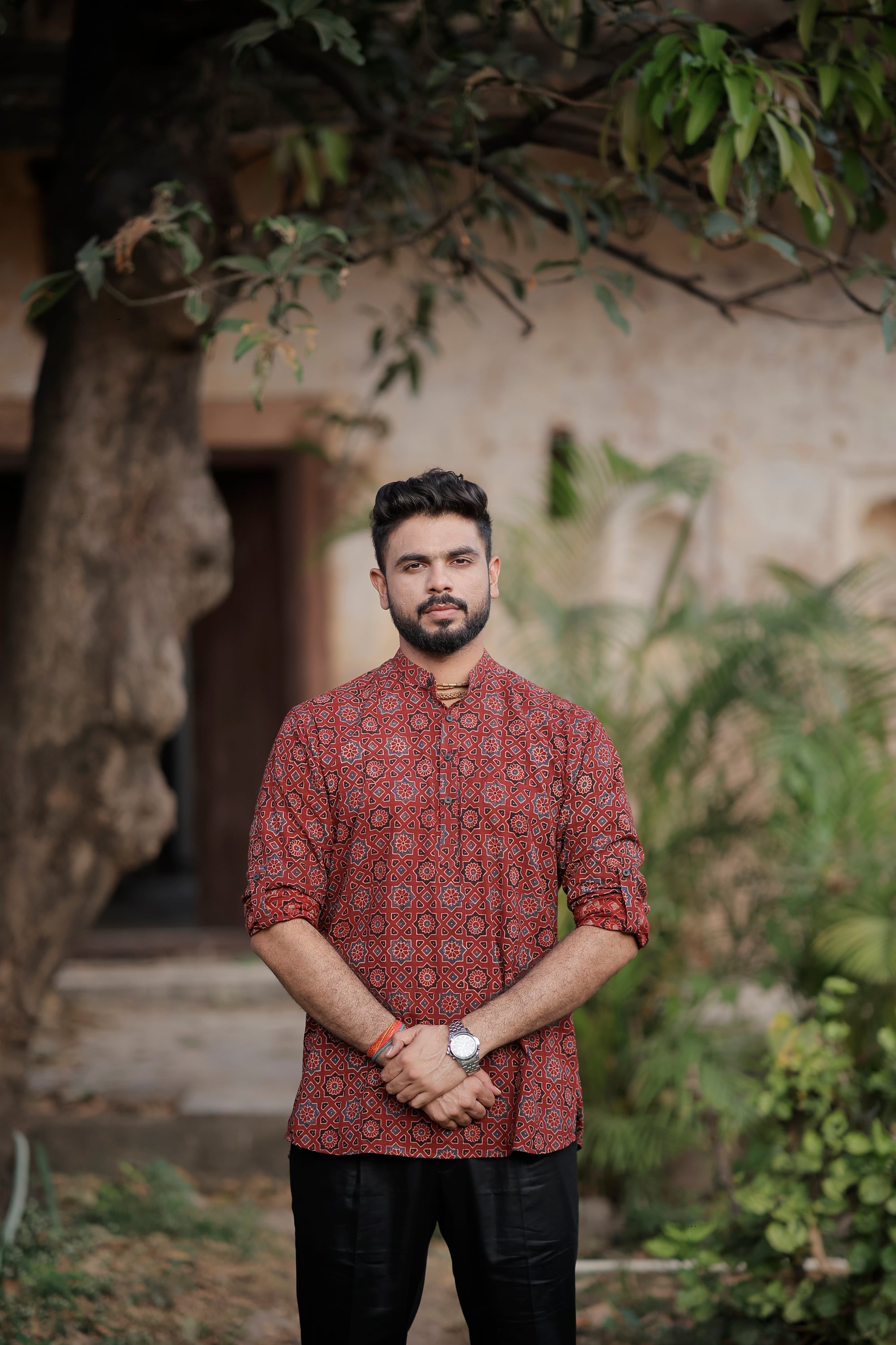 Maroon Ajrakh Printed Short Kurta
