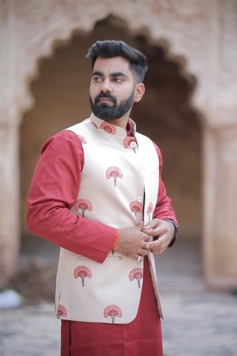 Maroon & Beidge 3 Piece Kurta Jacket Set
