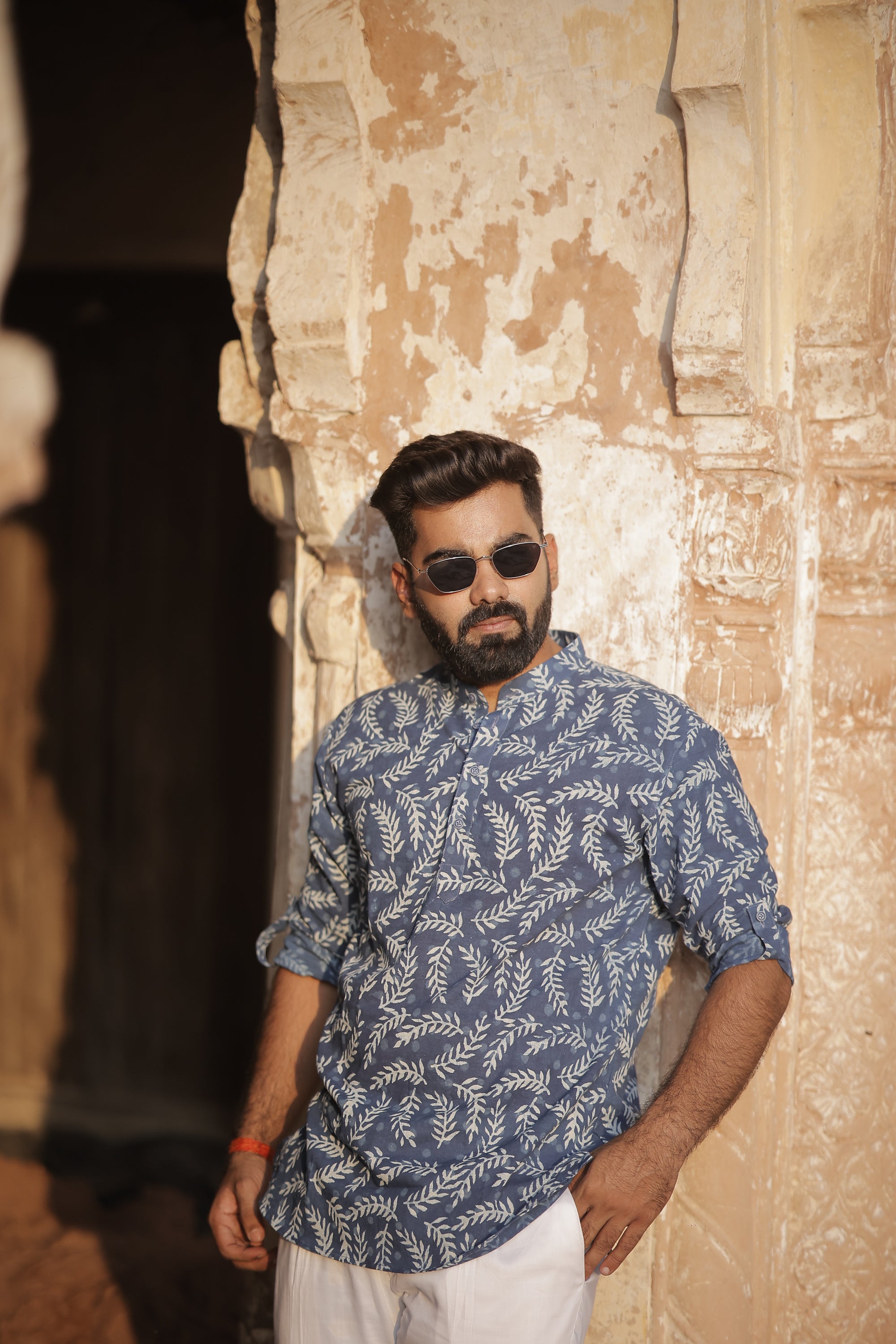 Indigo Cotton Dabu Printed Short Kurta