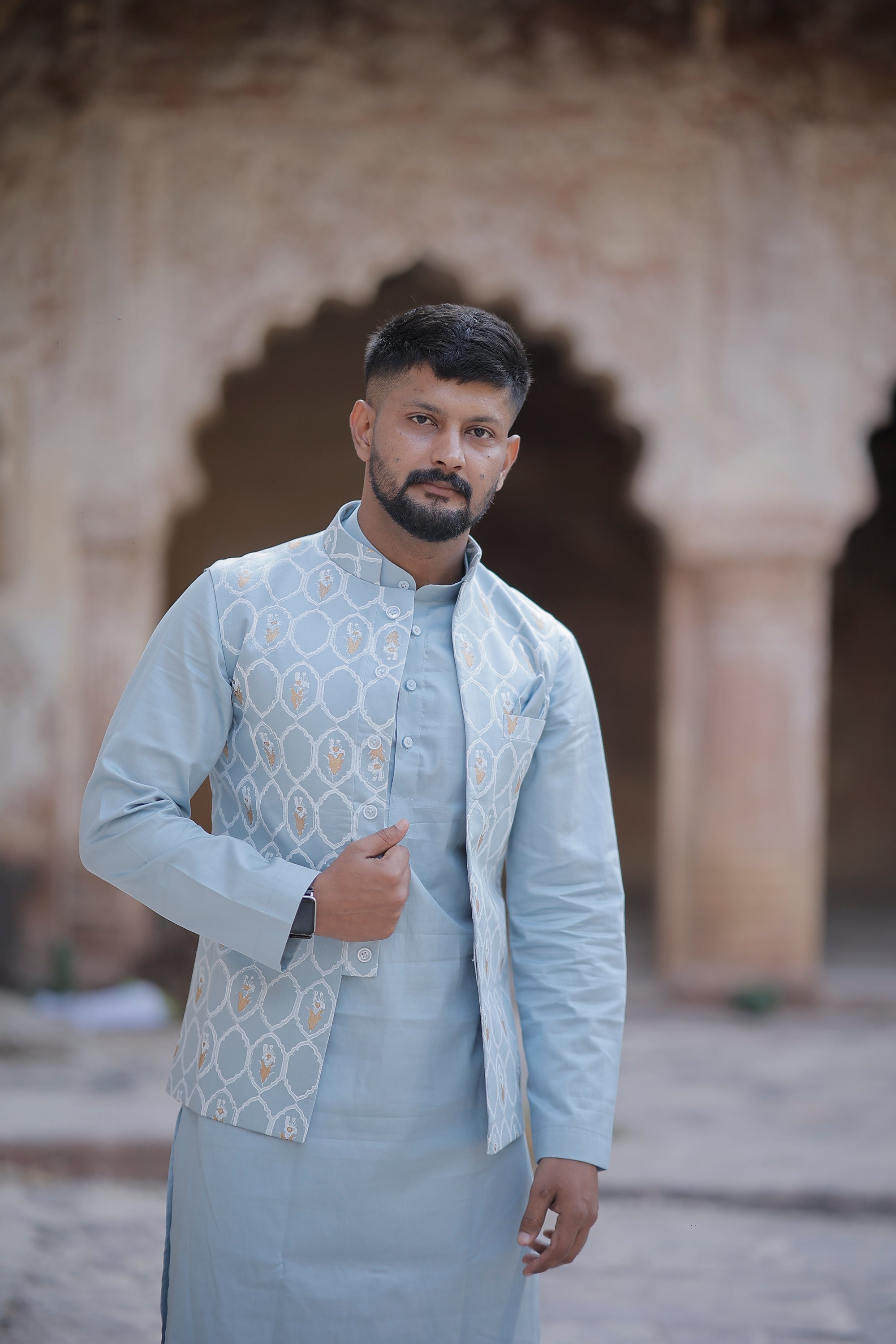 Powder Blue 3 Piece Kurta Jacket Set
