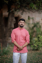 Pink Cotton Woven Short Kurta