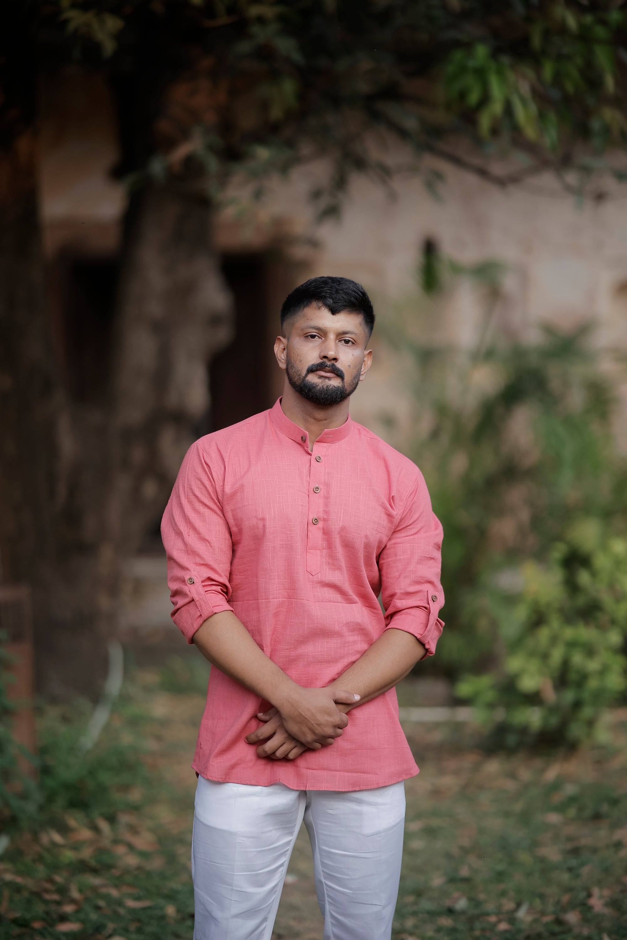 Pink Cotton Woven Short Kurta
