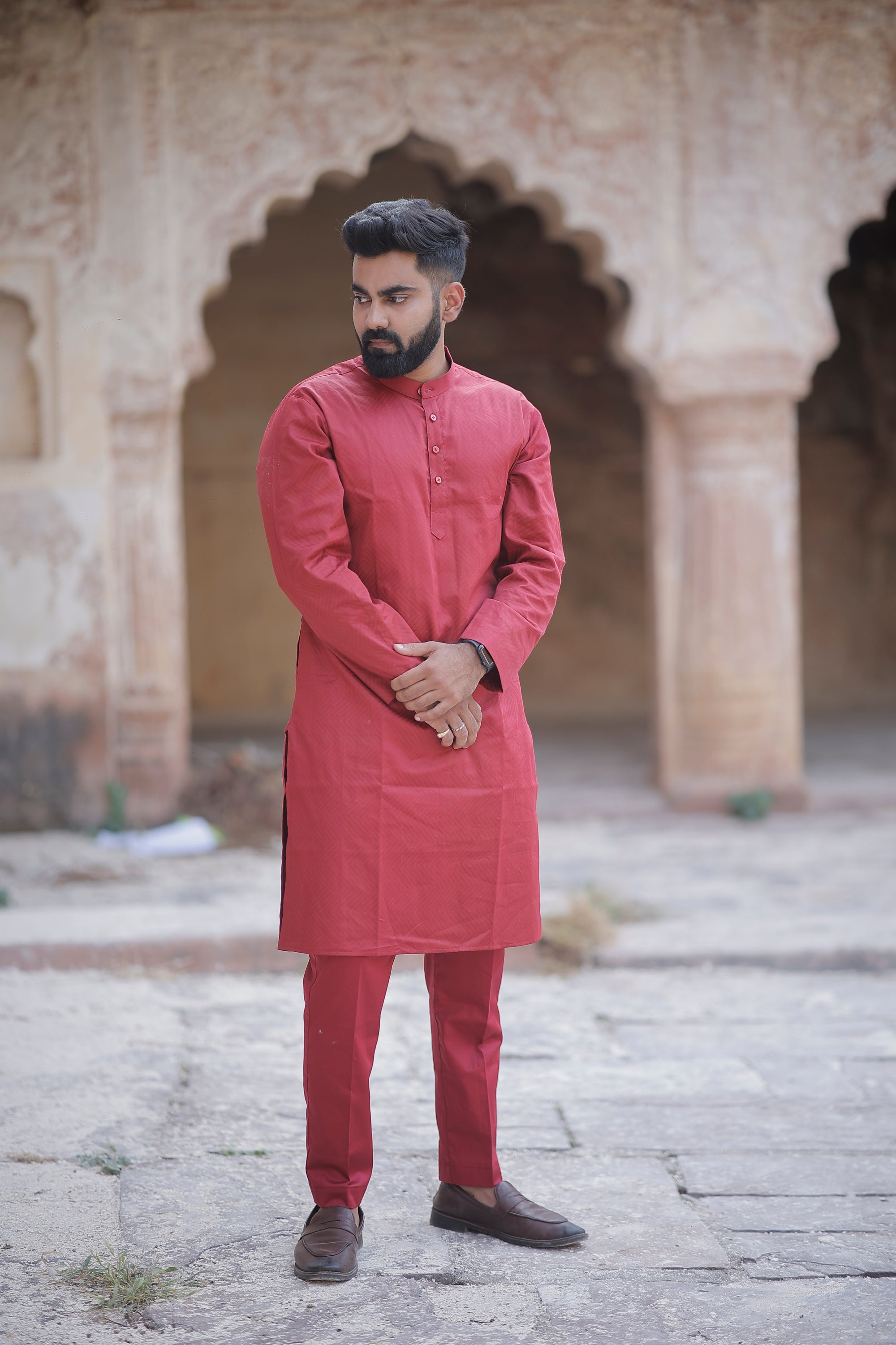 Maroon Self Printed Kurta & Trouser Set
