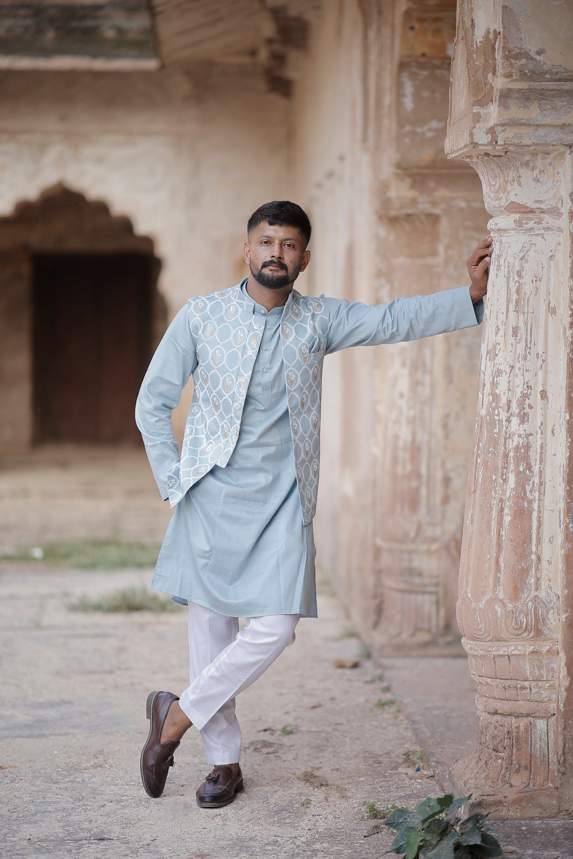 Powder Blue 3 Piece Kurta Jacket Set