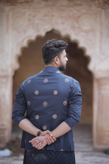 Mid Night Blue 3 Piece Kurta Jacket Set