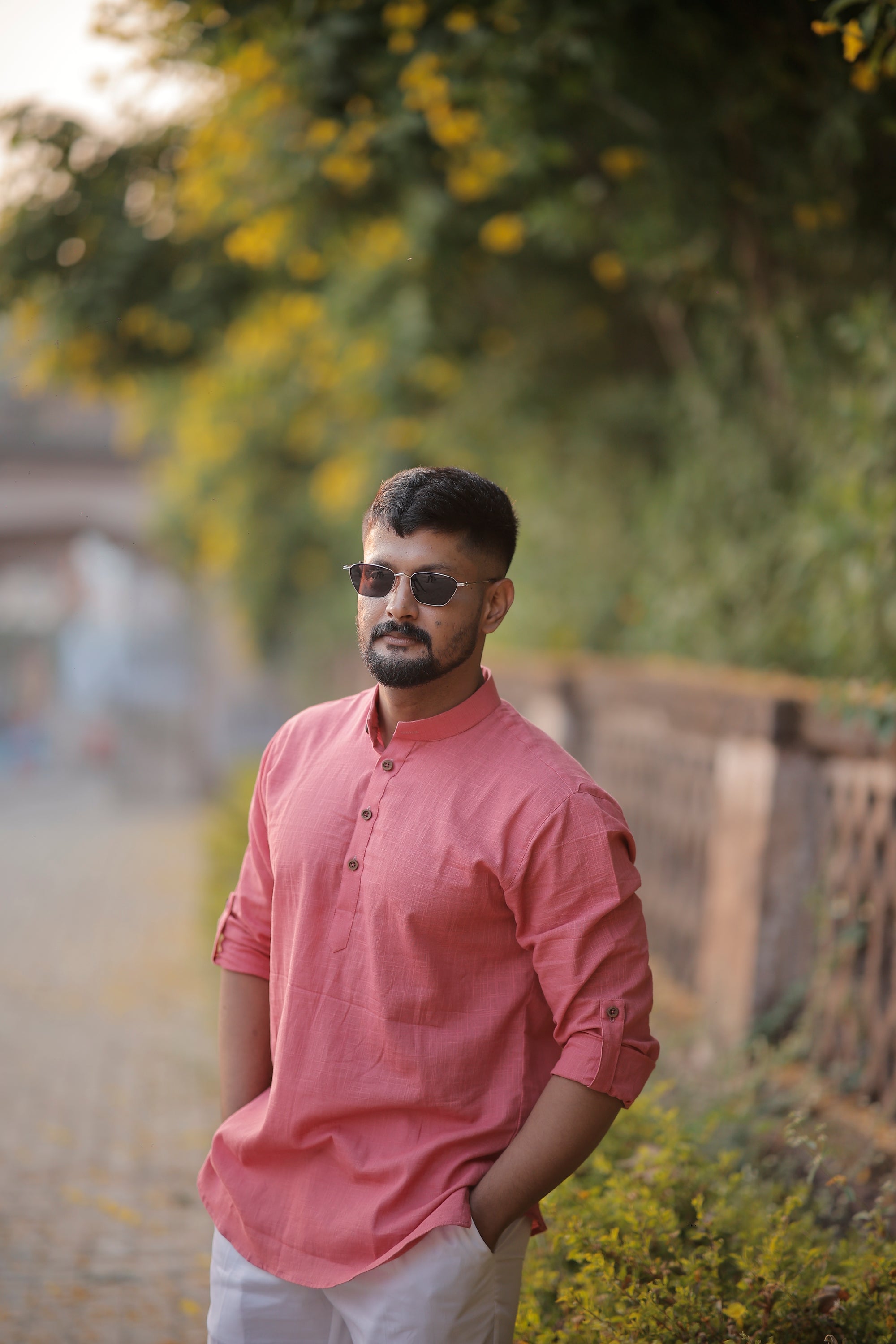 Pink Cotton Woven Short Kurta
