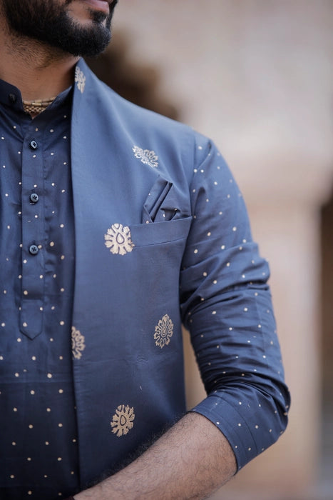 Mid Night Blue 3 Piece Kurta Jacket Set