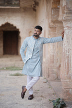 Powder Blue 3 Piece Kurta Jacket Set