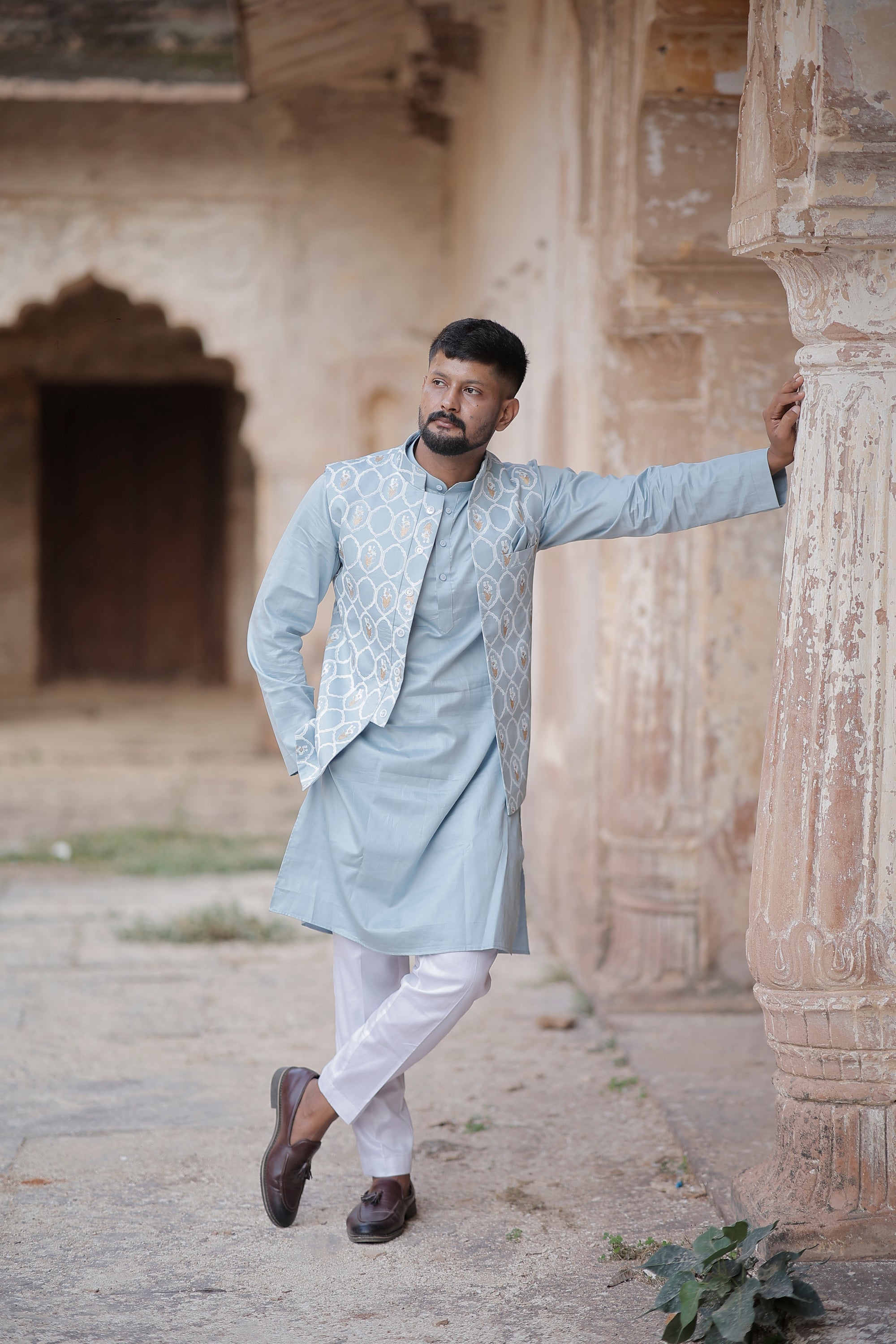 Powder Blue 3 Piece Kurta Jacket Set