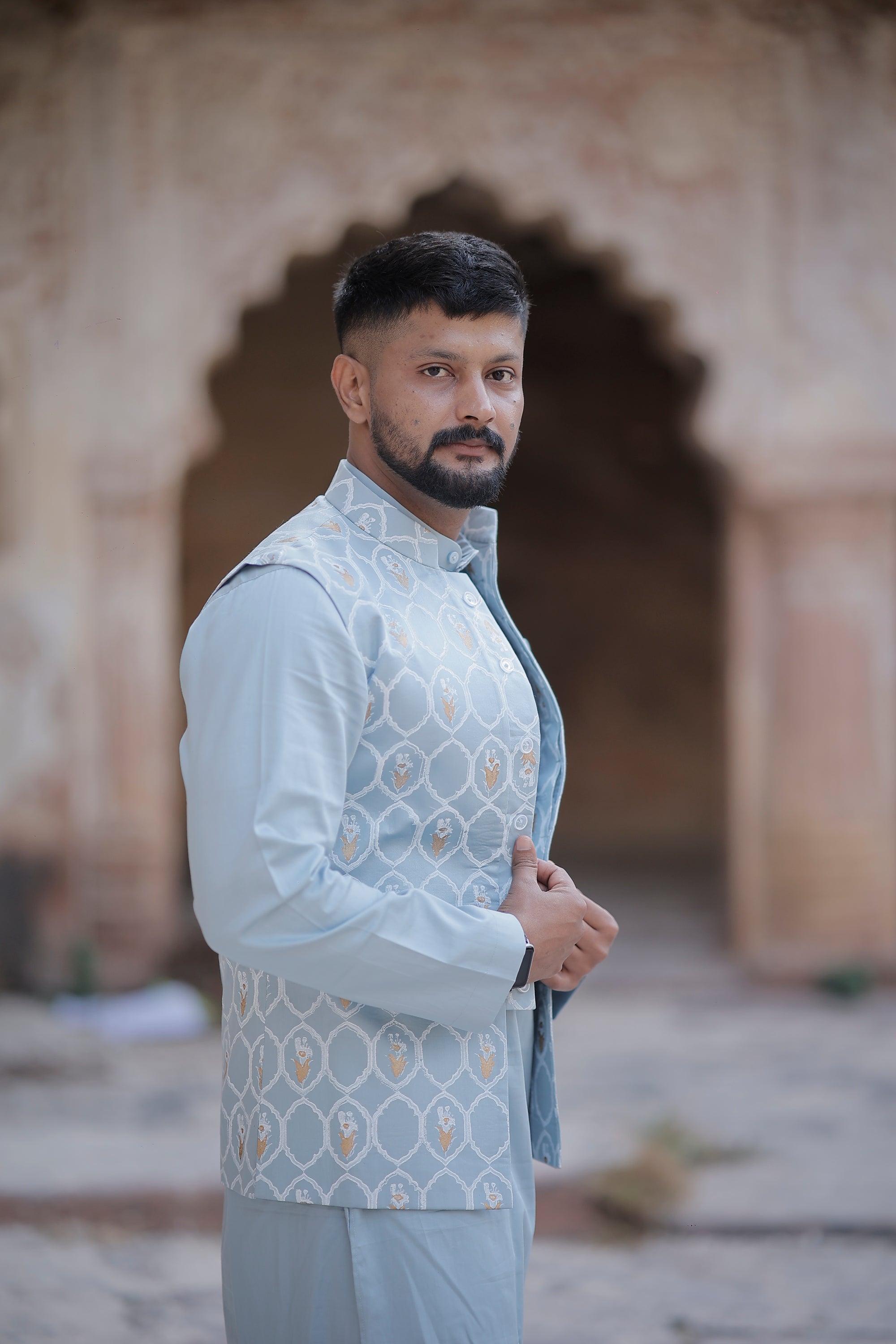 Powder Blue 3 Piece Kurta Jacket Set