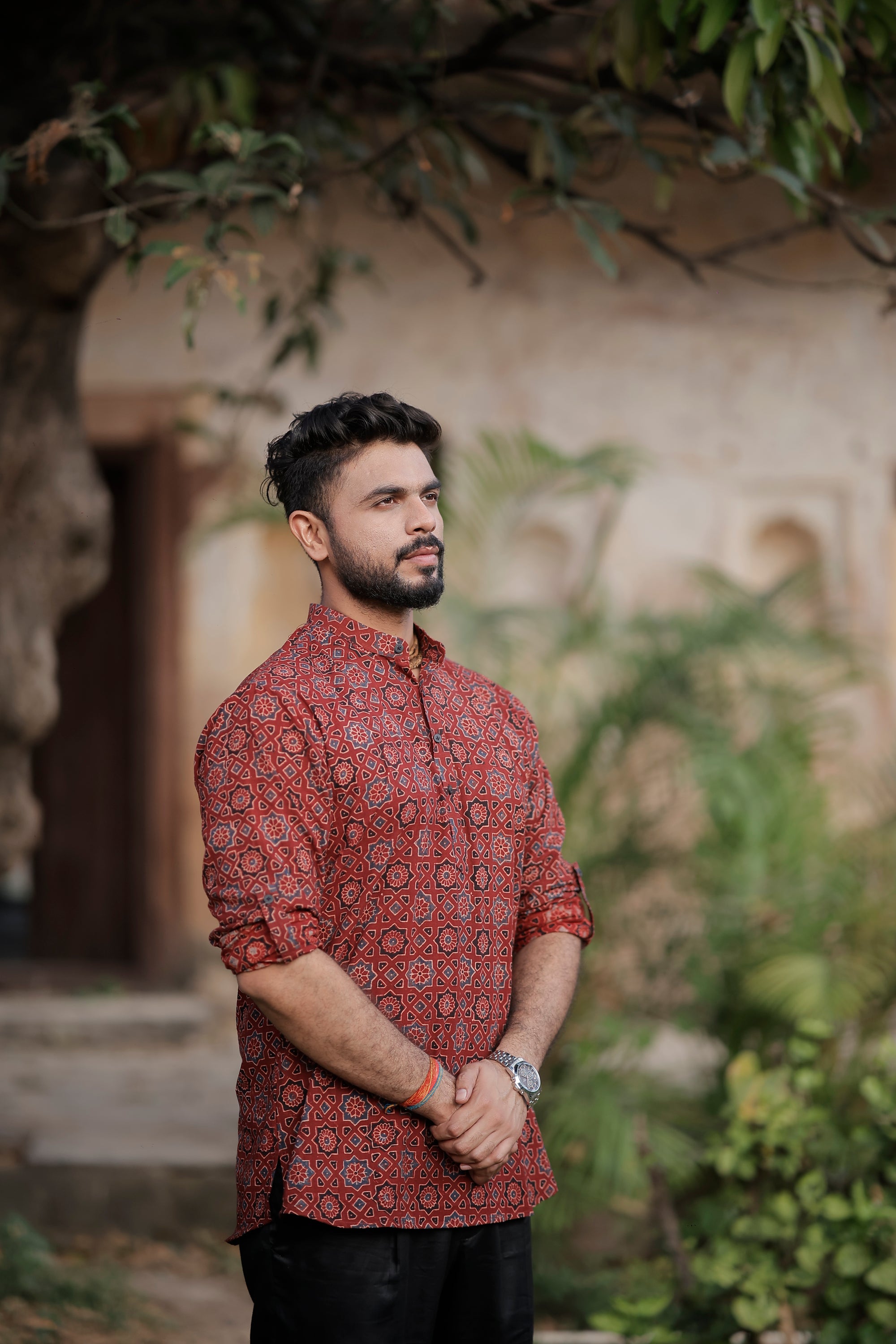 Maroon Ajrakh Printed Short Kurta