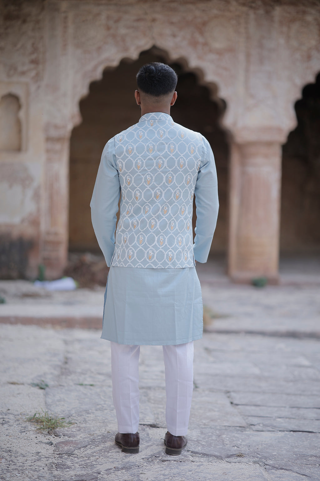 Powder Blue 3 Piece Kurta Jacket Set