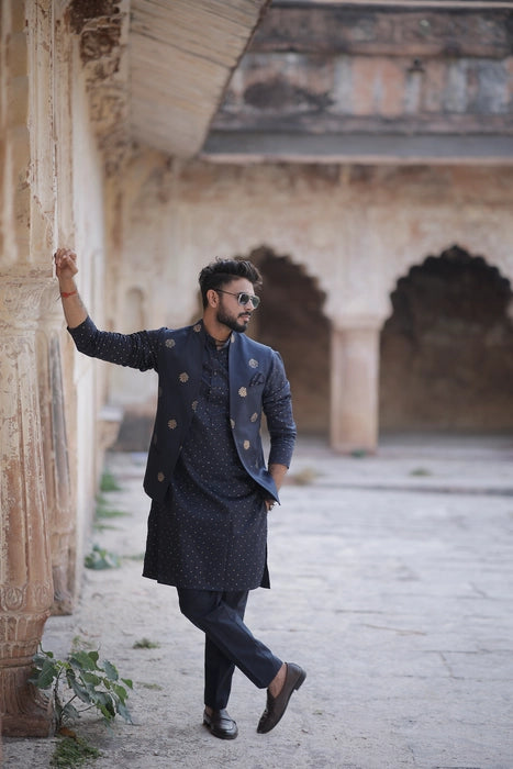 Mid Night Blue 3 Piece Kurta Jacket Set