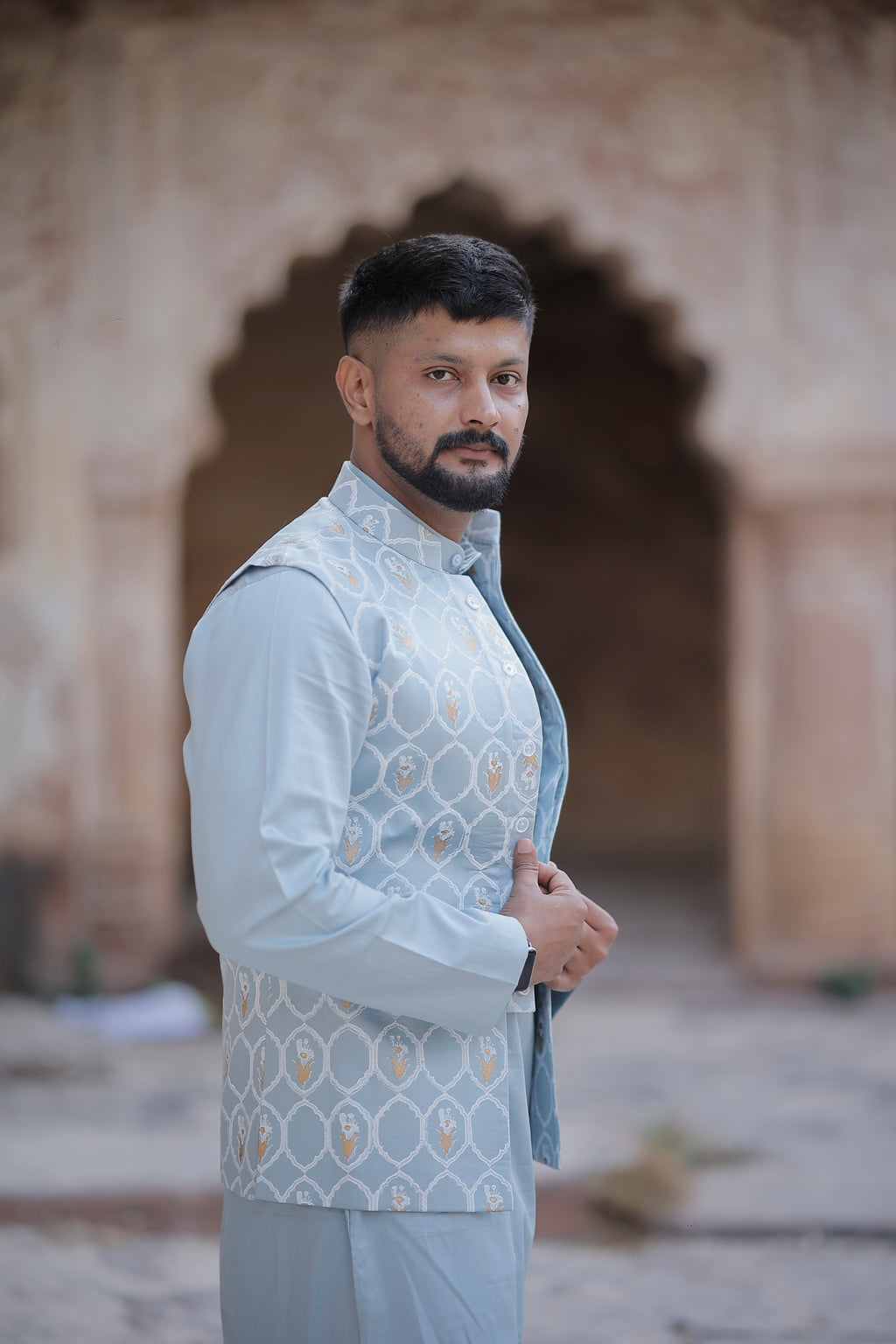 Powder Blue 3 Piece Kurta Jacket Set