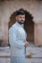 Powder Blue 3 Piece Kurta Jacket Set