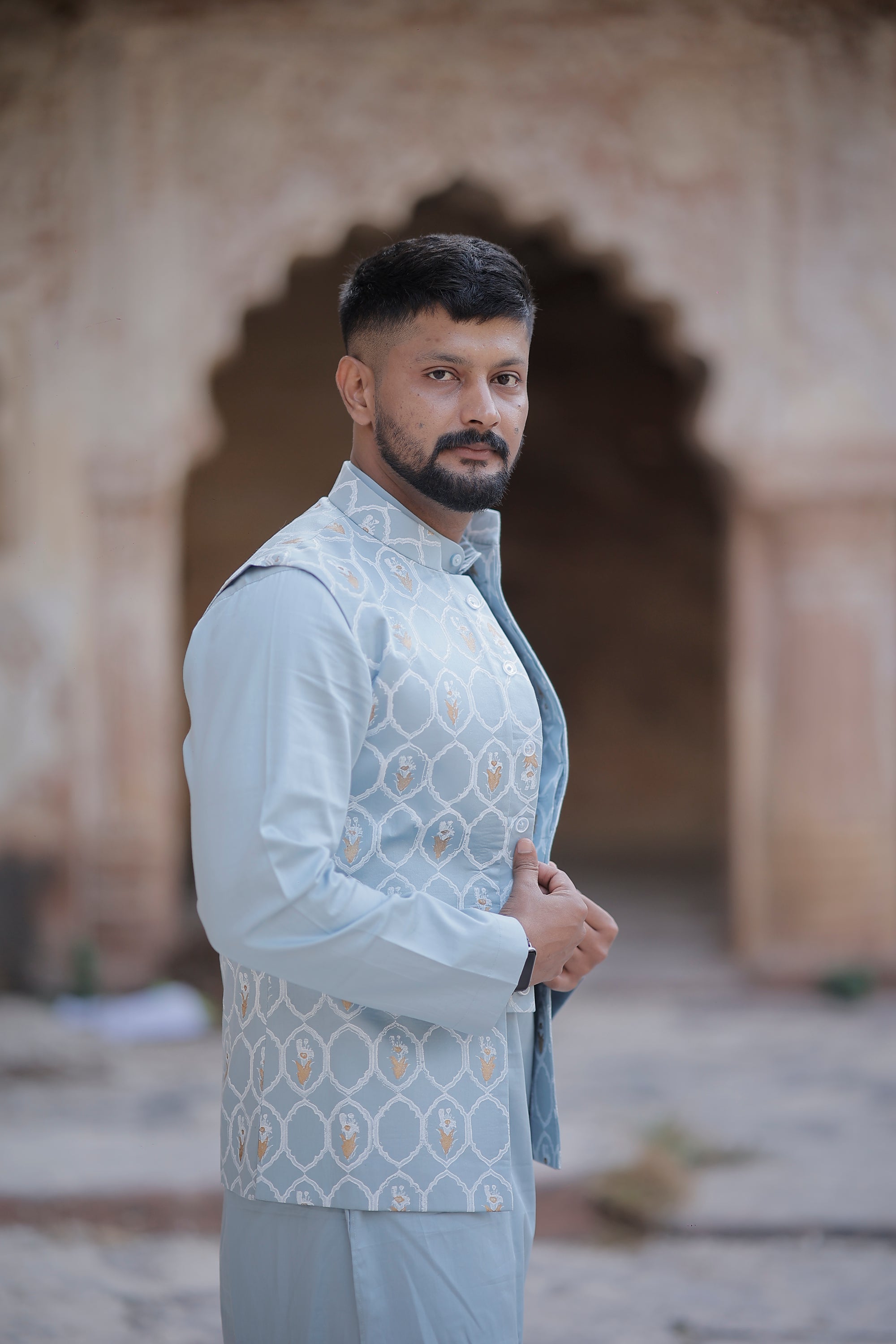 Powder Blue 3 Piece Kurta Jacket Set