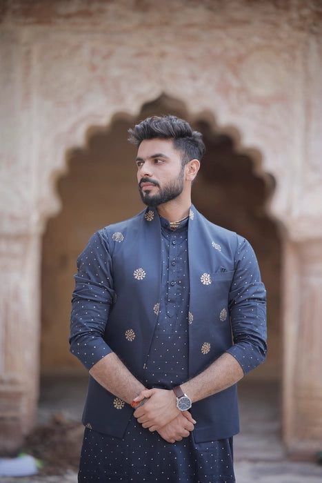 Mid Night Blue 3 Piece Kurta Jacket Set