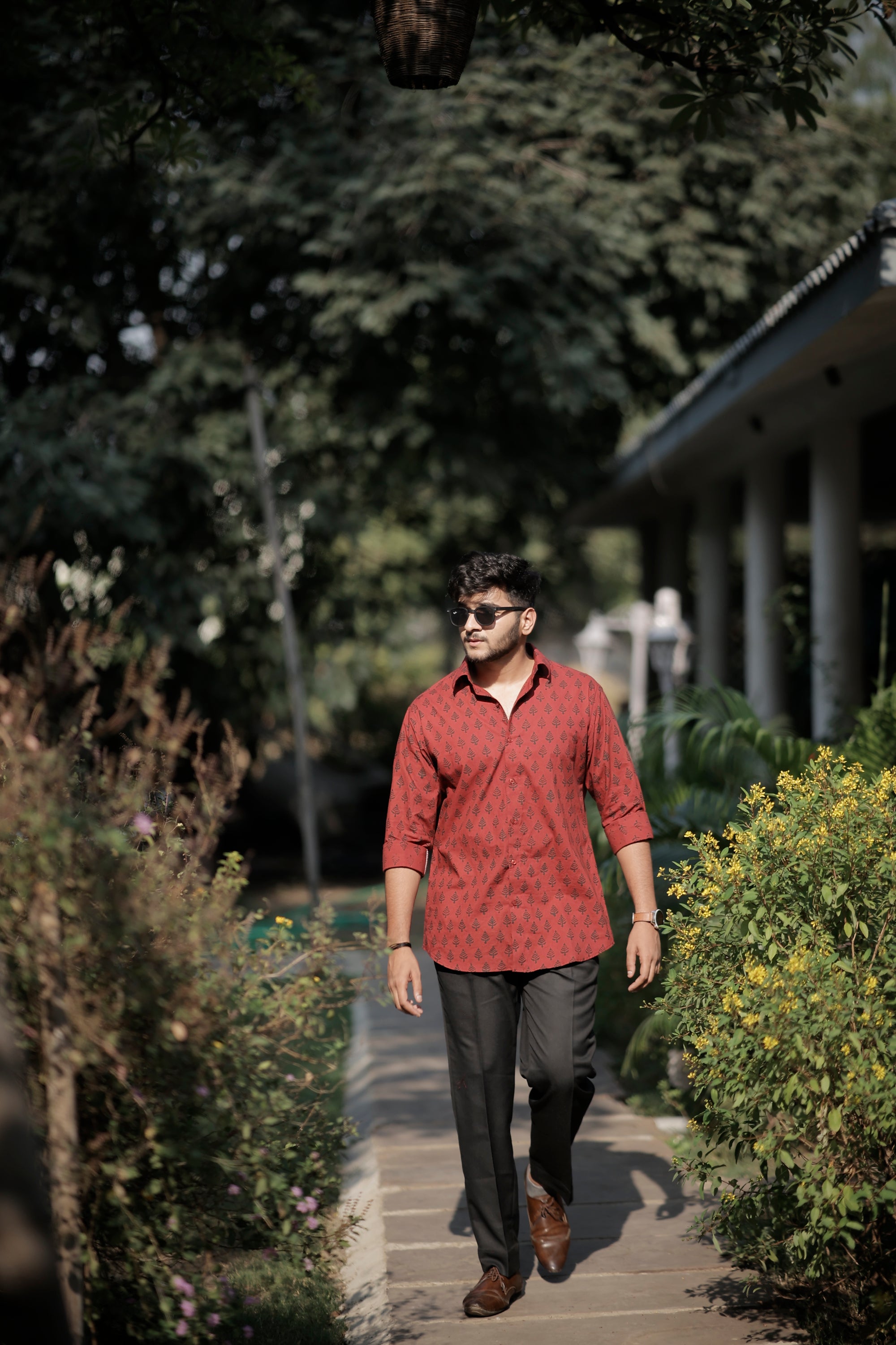 Maroon White Black Hand Block Printed Cotton Shirt