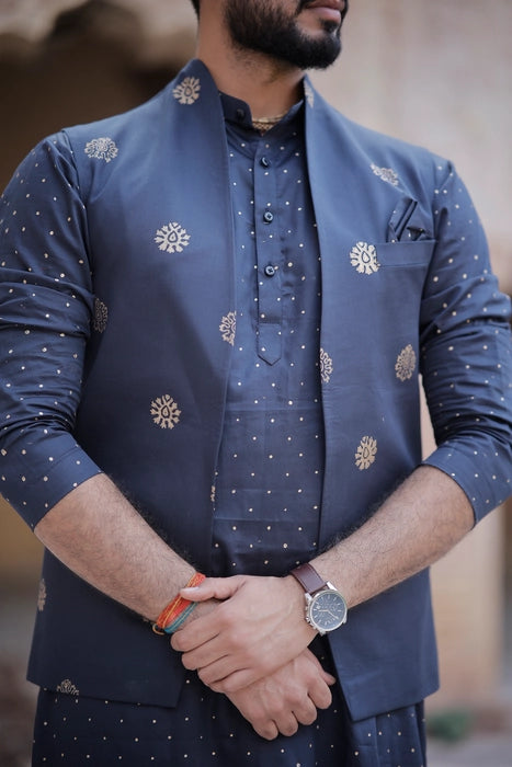 Mid Night Blue 3 Piece Kurta Jacket Set