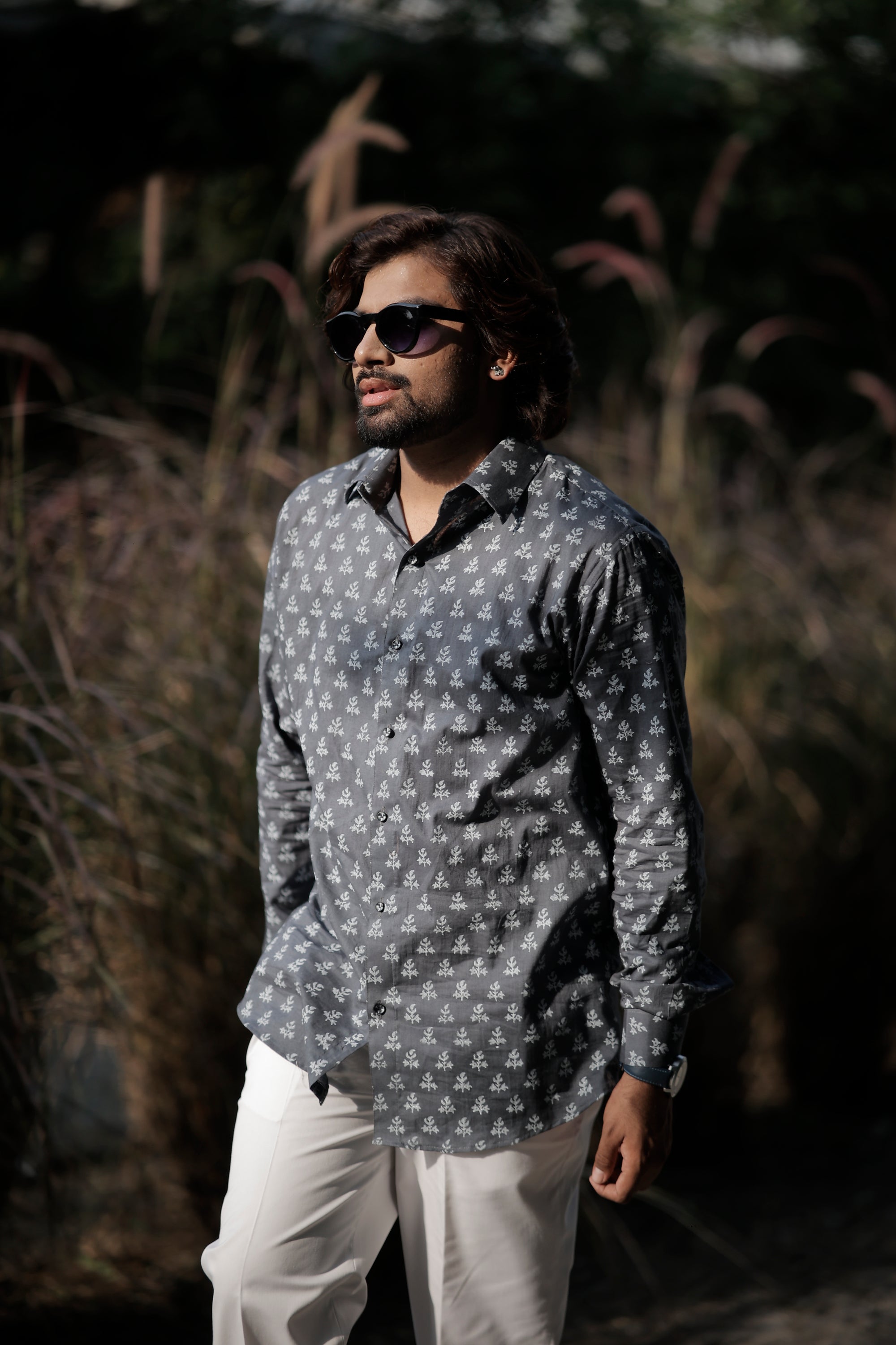 Gray & White Hand Block Cotton Printed Shirt