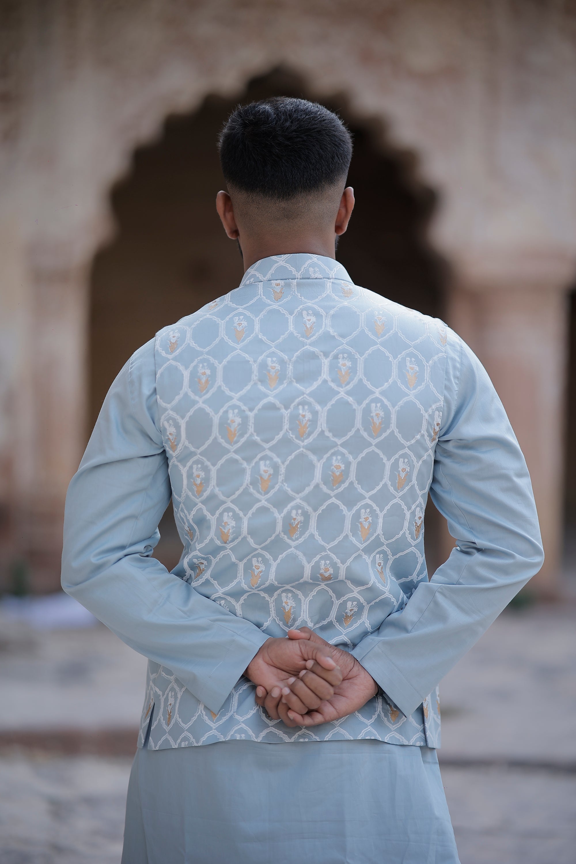 Powder Blue 3 Piece Kurta Jacket Set