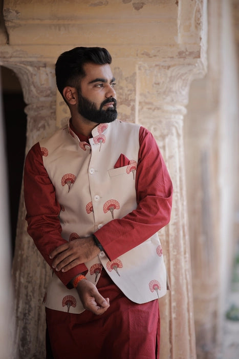 Maroon & Beidge 3 Piece Kurta Jacket Set