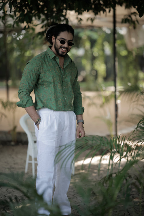 Green Paisley Hand Block Printed Cotton Shirt