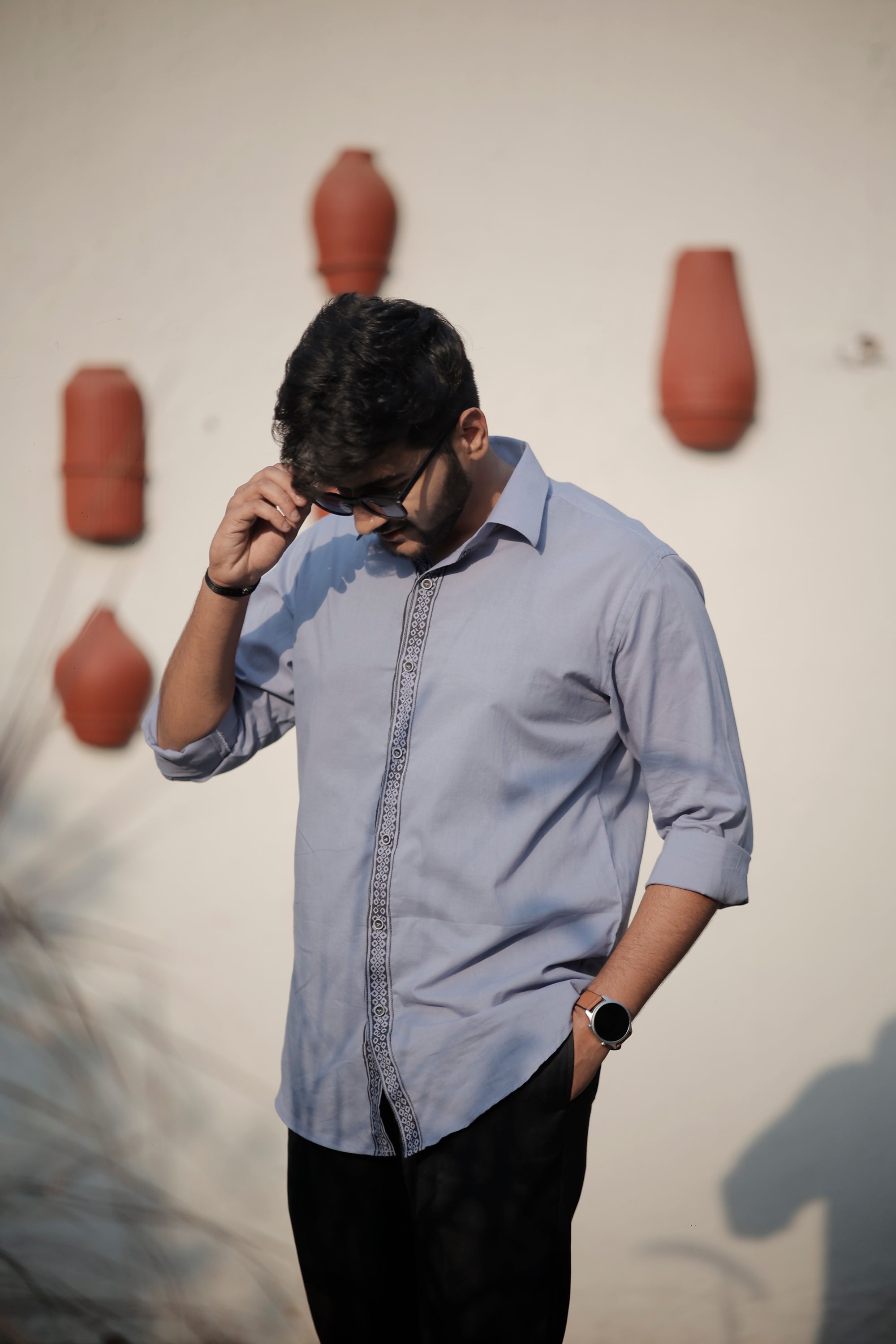 Splicing Hand Printed Gray Color Shirt