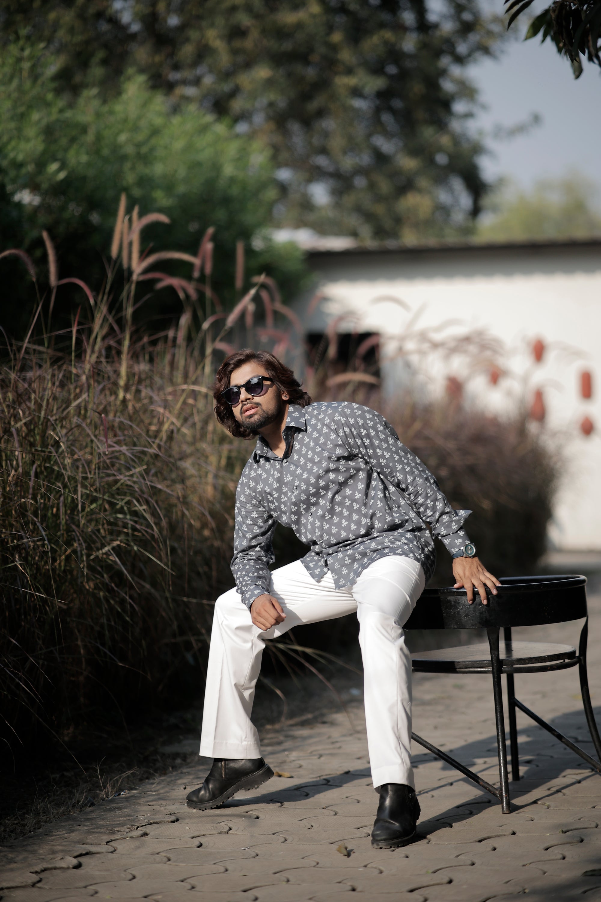 Gray & White Hand Block Cotton Printed Shirt