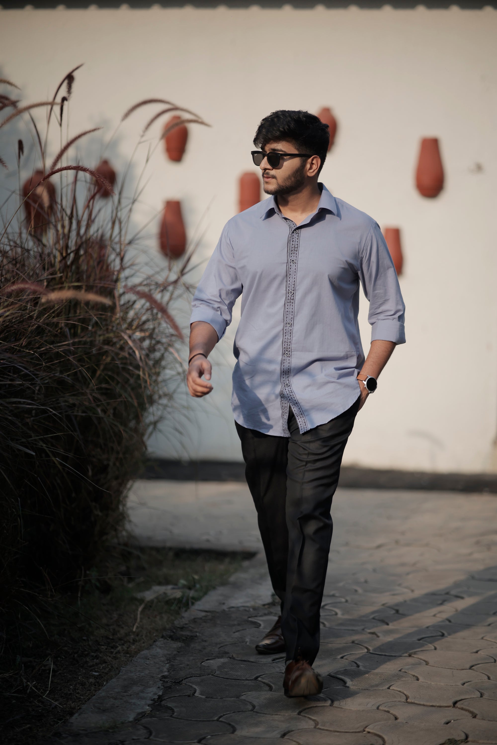 Splicing Hand Printed Gray Color Shirt