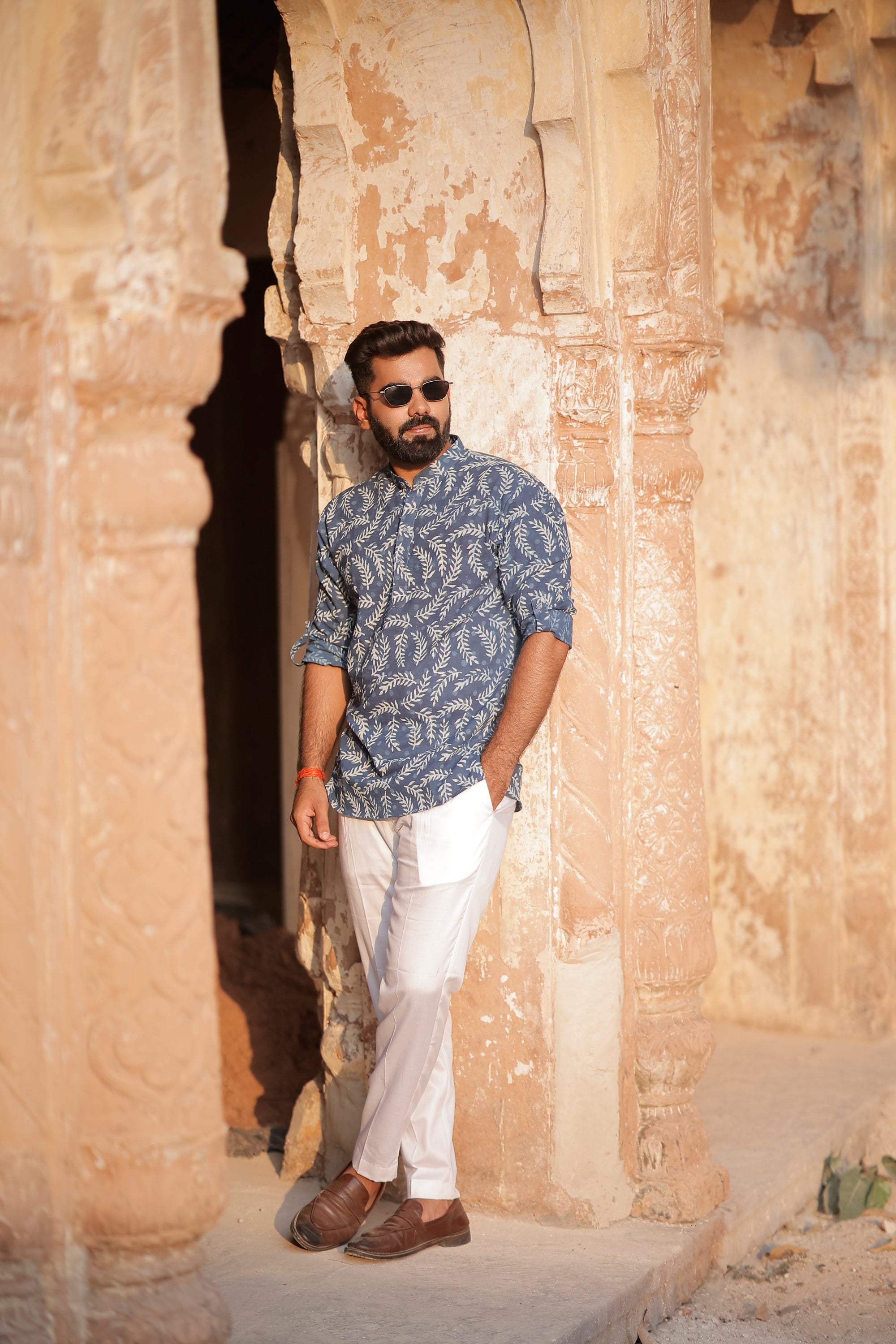 Indigo Cotton Dabu Printed Short Kurta