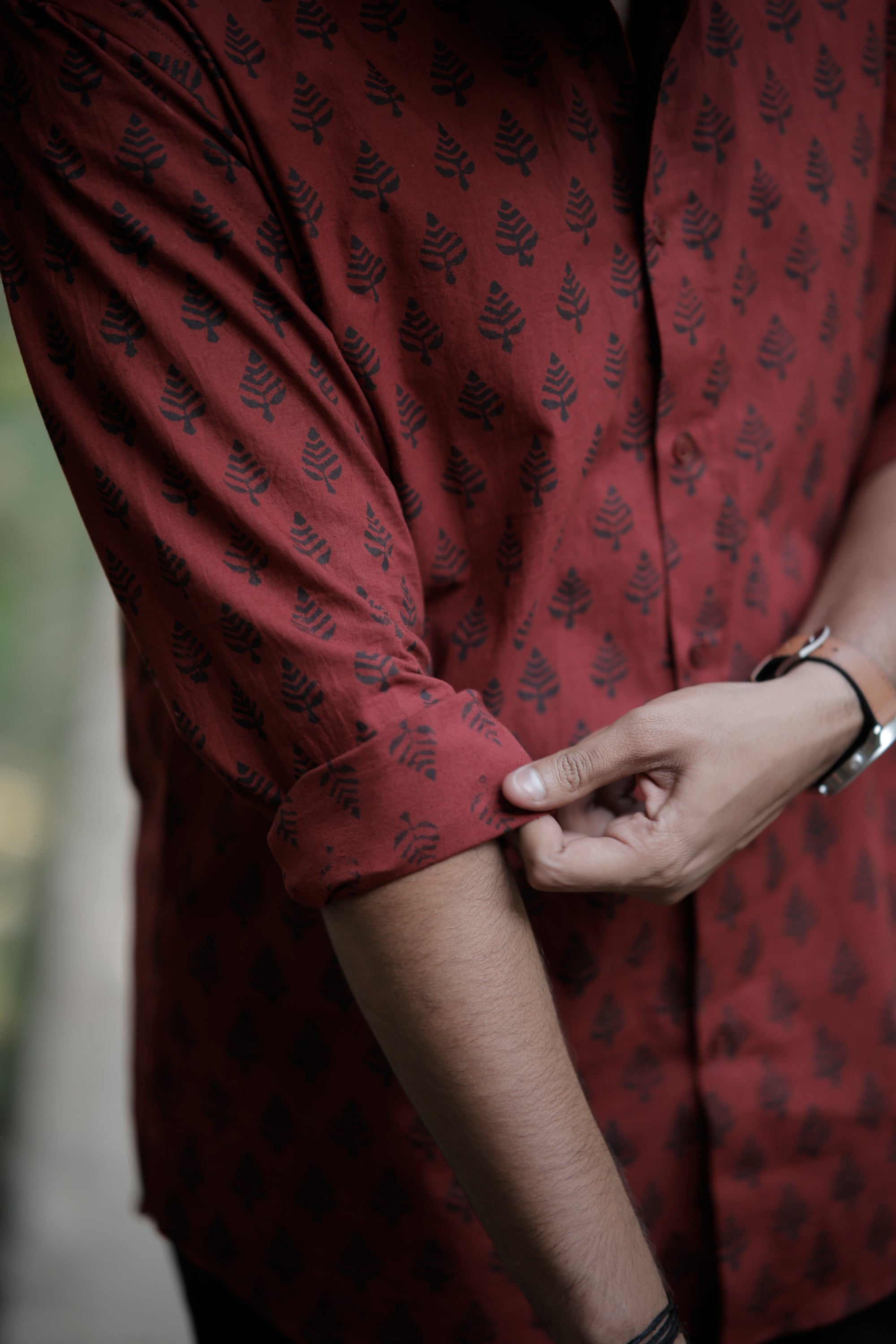 Maroon White Black Hand Block Printed Cotton Shirt