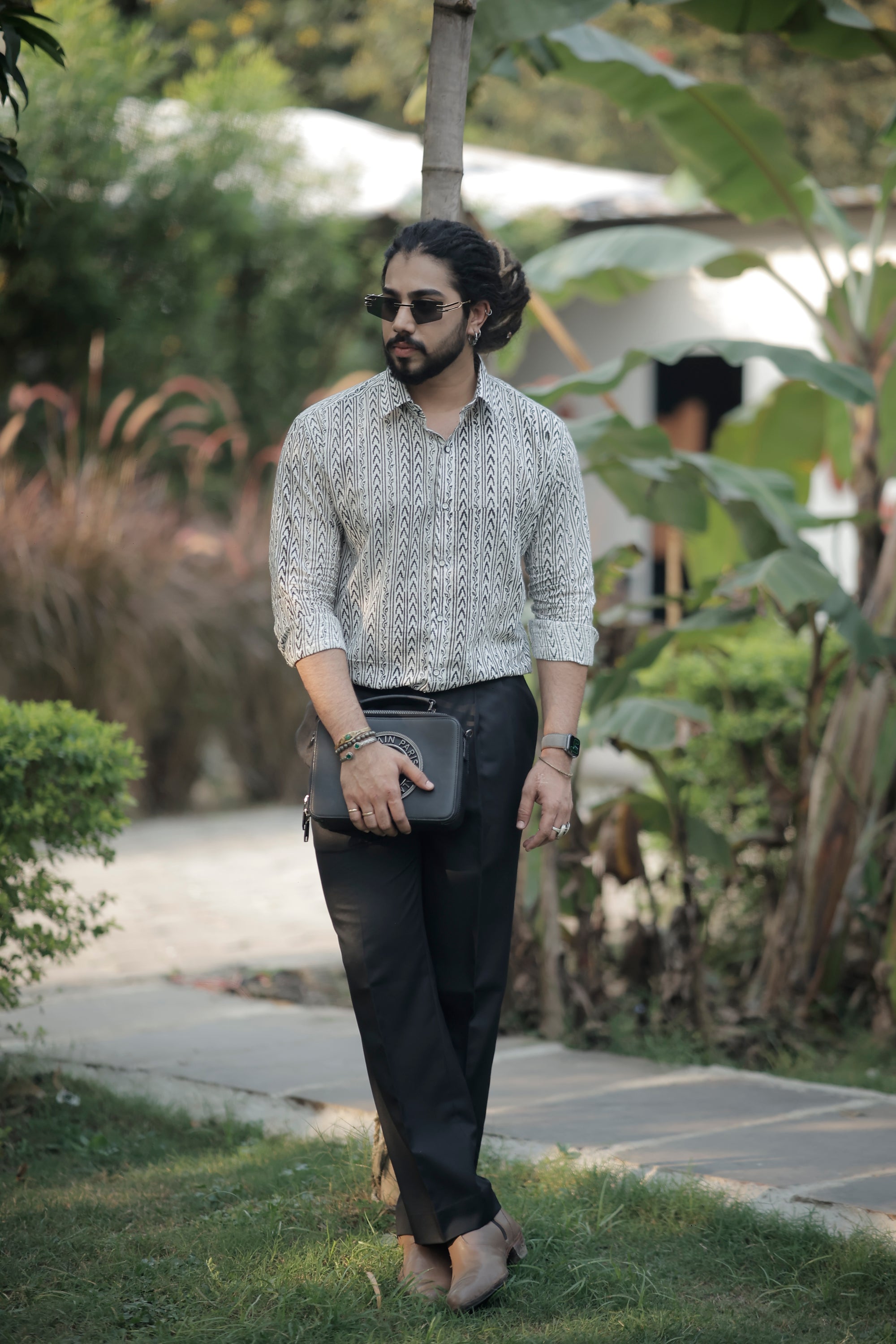 White & Black Tribal Geometric Printed Shirt