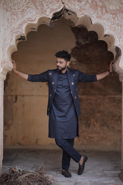 Mid Night Blue 3 Piece Kurta Jacket Set