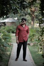 Maroon White Black Hand Block Printed Cotton Shirt