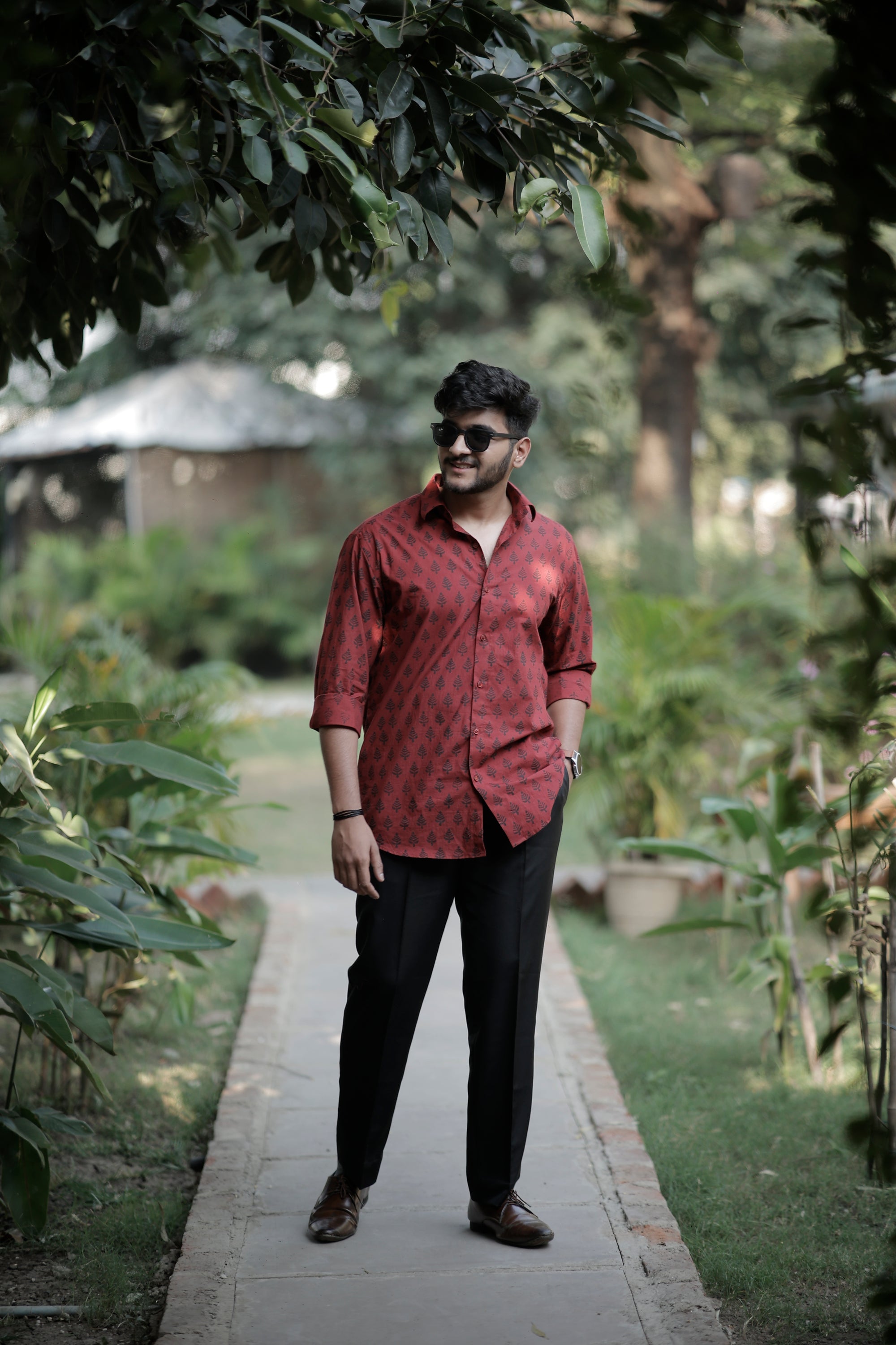 Maroon White Black Hand Block Printed Cotton Shirt