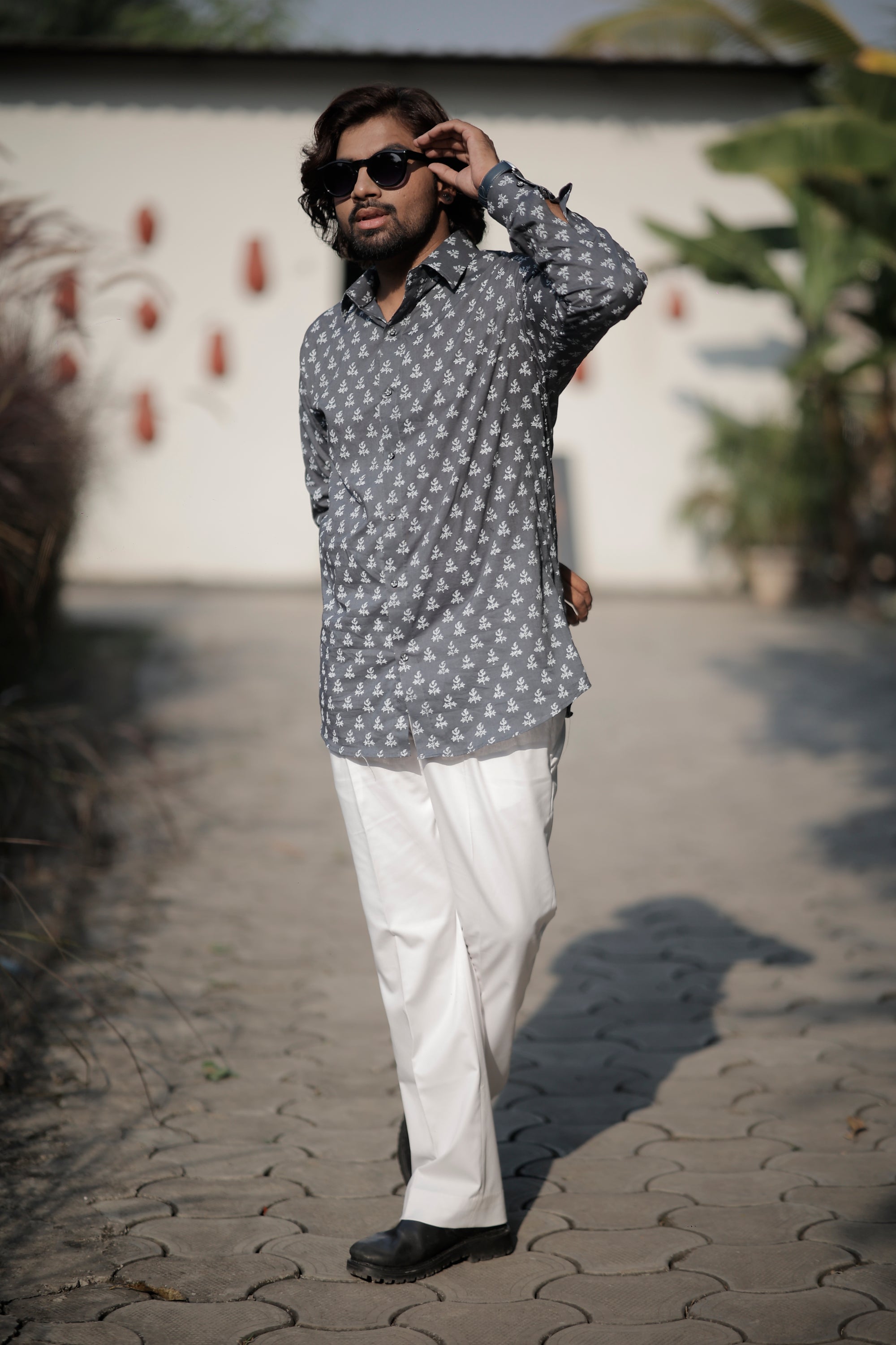Gray & White Hand Block Cotton Printed Shirt