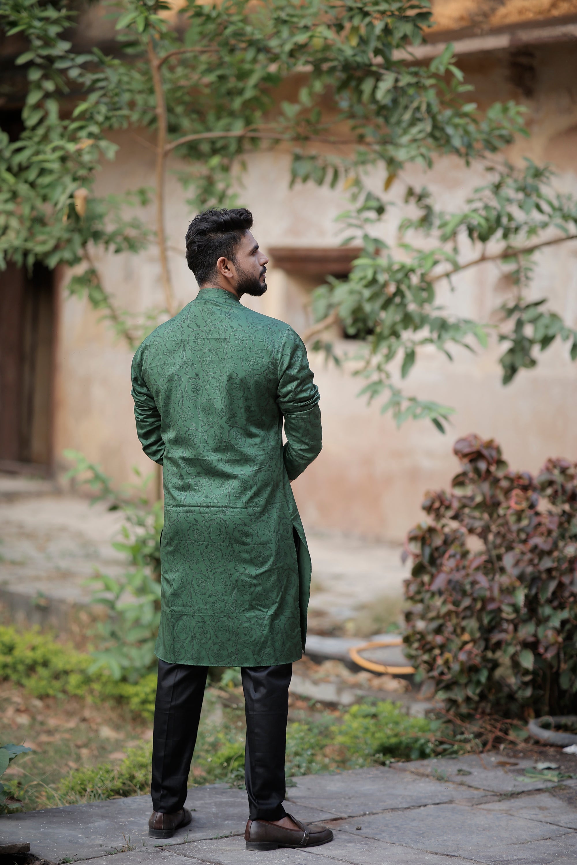 Olive Green Kurta With Handmade Button