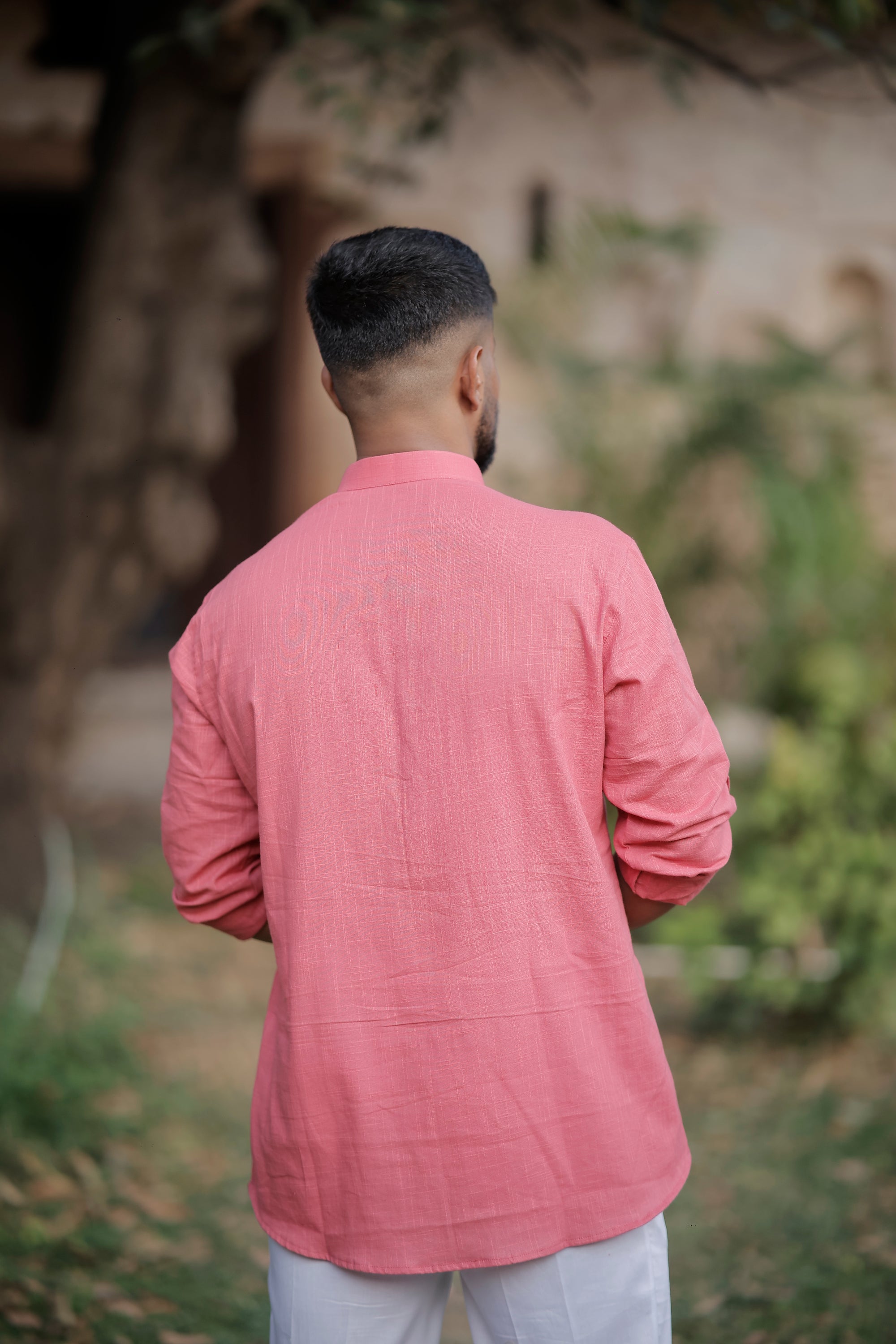 Pink Cotton Woven Short Kurta